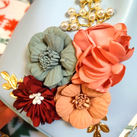 Blue Floral Faux Leather Bucket Bag with Brass Details - Picture 3 of 6